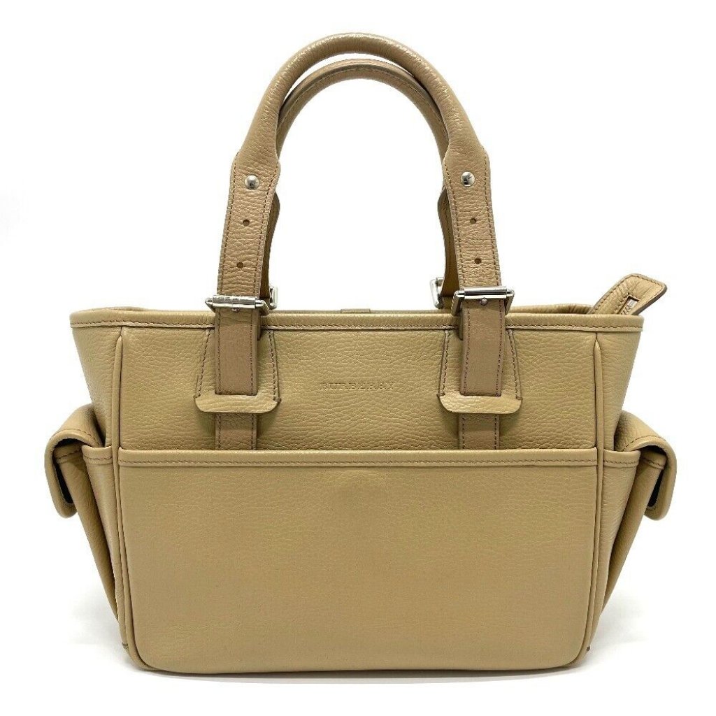 Burberry Logo Side Pocket Tote Bag Hand Bag Leather Beige